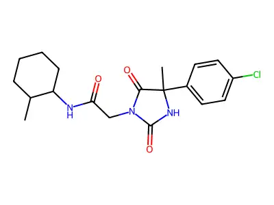 2-[4-(4-chlorophenyl)-4-methyl-2,5-dioxoimidazolidin-1-yl]-N-(2-methylcyclohexyl)acetamide structure