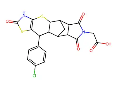 [10-(4-chlorophenyl)-2,6,8-trioxo-3,4a,5,5a,6,8,8a,9,9a,10-decahydro-5,9-methano[1,3]thiazolo[5',4':5,6]thiopyrano[2,3-f]isoindol-7(2H)-yl]acetic acid structure