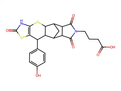 4-((4aR,5R,5aR,8aR,9S)-10-(4-hydroxyphenyl)-2,6,8-trioxo-2,3,4a,5,5a,6,8a,9,9a,10-decahydro-5,9-methanothiazolo[5',4':5,6]thiopyrano[2,3-f]isoindol-7(8H)-yl)butanoic acid structure