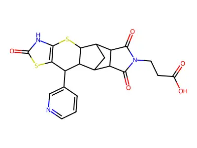 3-((4aR,5R,5aR,8aR,9S)-2,6,8-trioxo-10-(pyridin-3-yl)-2,3,4a,5,5a,6,8a,9,9a,10-decahydro-5,9-methanothiazolo[5',4':5,6]thiopyrano[2,3-f]isoindol-7(8H)-yl)propanoic acid structure