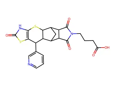 4-((4aR,5R,5aR,8aR,9S)-2,6,8-trioxo-10-(pyridin-3-yl)-2,3,4a,5,5a,6,8a,9,9a,10-decahydro-5,9-methanothiazolo[5',4':5,6]thiopyrano[2,3-f]isoindol-7(8H)-yl)butanoic acid structure