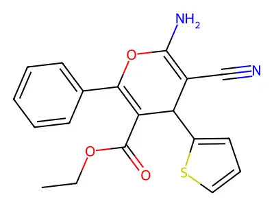 ethyl 6-amino-5-cyano-2-phenyl-4-(2-thienyl)-4H-pyran-3-carboxylate structure