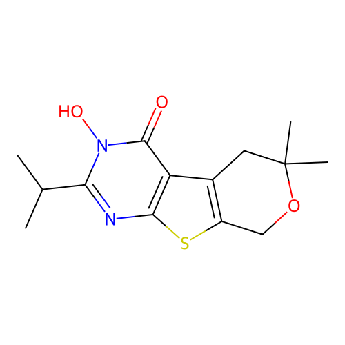 3-hydroxy-2-isopropyl-6,6-dimethyl-5,6-dihydro-3H-pyrano[4',3':4,5]thieno[2,3-d]pyrimidin-4(8H)-one structure