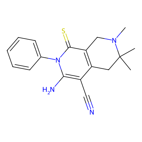 3-amino-6,6,7-trimethyl-2-phenyl-1-sulfanylidene-5,8-dihydro-2,7-naphthyridine-4-carbonitrile structure