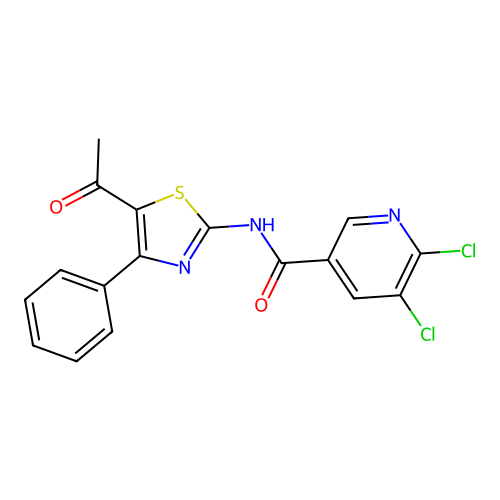 N-(5-acetyl-4-phenyl-1,3-thiazol-2-yl)-5,6-dichloropyridine-3-carboxamide structure