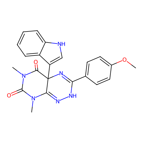 4a-(1H-indol-3-yl)-3-(4-methoxyphenyl)-6,8-dimethyl-2,8-dihydropyrimido[5,4-e][1,2,4]triazine-5,7(4aH,6H)-dione structure