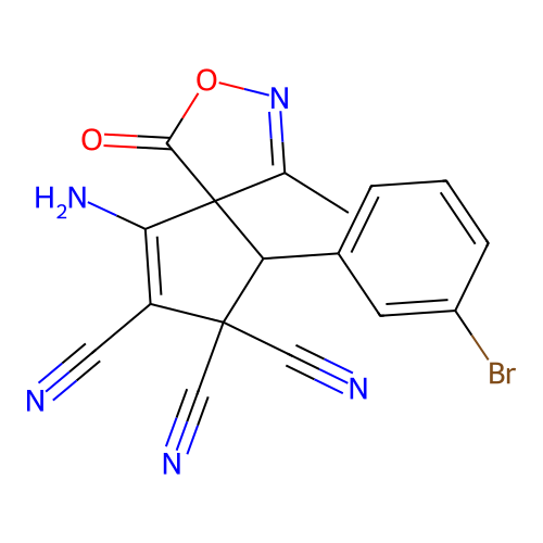 4-amino-1-(3-bromophenyl)-6-methyl-9-oxo-8-oxa-7-azaspiro[4.4]nona-3,6-diene-2,2,3-tricarbonitrile structure