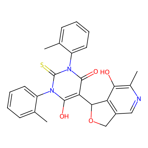6-hydroxy-5-(7-hydroxy-6-methyl-1,3-dihydrofuro[3,4-c]pyridin-1-yl)-2-thioxo-1,3-di-o-tolyl-2,3-dihydropyrimidin-4(1H)-one structure