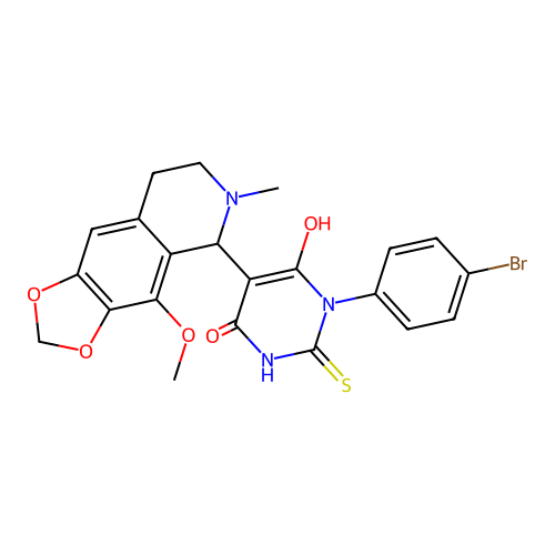 1-(4-bromophenyl)-6-hydroxy-5-(4-methoxy-6-methyl-5,6,7,8-tetrahydro-[1,3]dioxolo[4,5-g]isoquinolin-5-yl)-2-thioxo-2,3-dihydropyrimidin-4(1H)-one structure