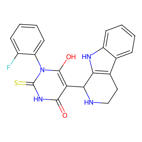 3-(2-fluorophenyl)-6-hydroxy-5-(2,3,4,9-tetrahydro-1H-pyrido[3,4-b]indol-1-yl)-2-thioxo-2,3-dihydropyrimidin-4(1H)-one structure