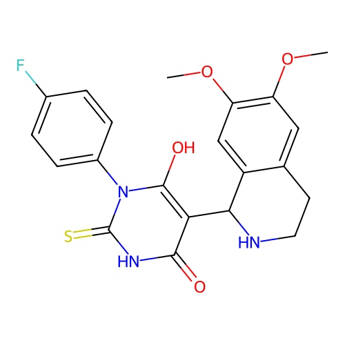 5-(6,7-dimethoxy-1,2,3,4-tetrahydroisoquinolin-1-yl)-3-(4-fluorophenyl)-6-hydroxy-2-thioxo-2,3-dihydropyrimidin-4(1H)-one structure