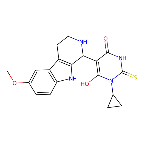 1-cyclopropyl-6-hydroxy-5-(6-methoxy-2,3,4,9-tetrahydro-1H-pyrido[3,4-b]indol-1-yl)-2-thioxo-2,3-dihydropyrimidin-4(1H)-one structure