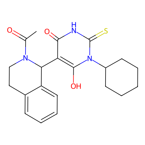 5-(2-acetyl-1,2,3,4-tetrahydroisoquinolin-1-yl)-3-cyclohexyl-6-hydroxy-2-thioxo-2,3-dihydropyrimidin-4(1H)-one structure