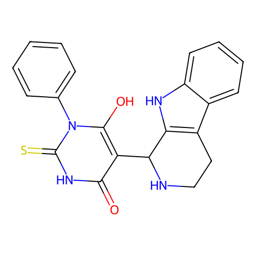 6-hydroxy-3-phenyl-5-(2,3,4,9-tetrahydro-1H-pyrido[3,4-b]indol-1-yl)-2-thioxo-2,3-dihydropyrimidin-4(1H)-one structure