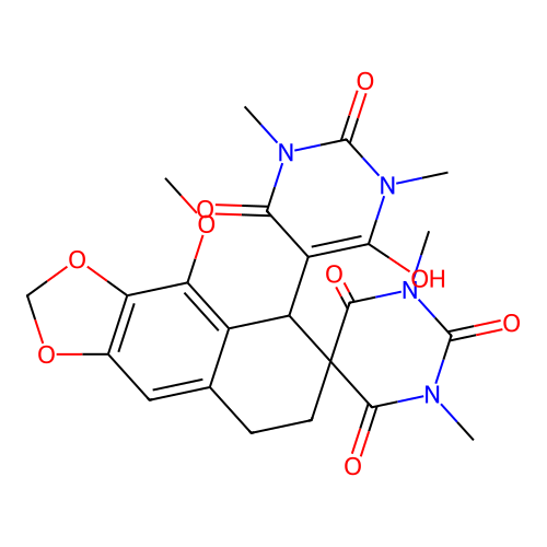 5-(6-hydroxy-1,3-dimethyl-2,4-dioxo-1,2,3,4-tetrahydropyrimidin-5-yl)-4-methoxy-1',3'-dimethyl-7,8-dihydro-1'H,5H-spiro[naphtho[2,3-d][1,3]dioxole-6,5'-pyrimidine]-2',4',6'(3'H)-trione structure