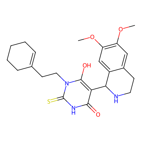 3-(2-(cyclohex-1-en-1-yl)ethyl)-5-(6,7-dimethoxy-1,2,3,4-tetrahydroisoquinolin-1-yl)-6-hydroxy-2-thioxo-2,3-dihydropyrimidin-4(1H)-one structure