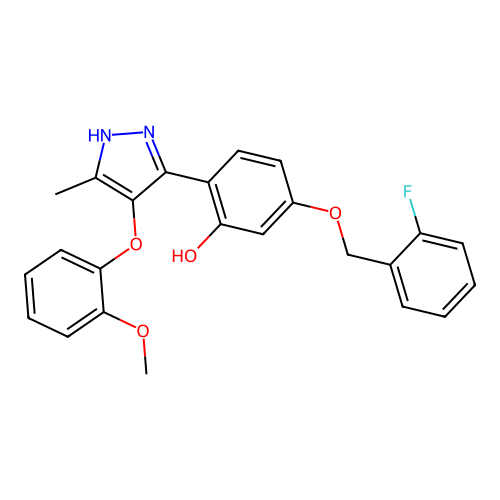 5-[(2-fluorobenzyl)oxy]-2-[4-(2-methoxyphenoxy)-3-methyl-1H-pyrazol-5-yl]phenol structure