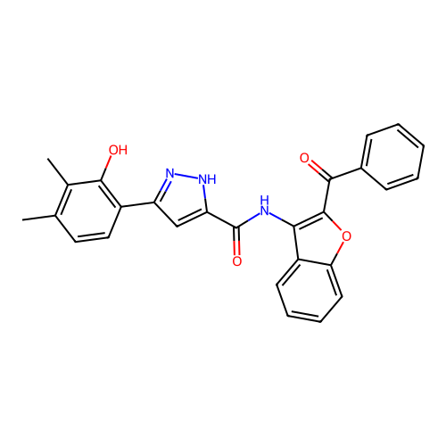 N-(2-benzoylbenzofuran-3-yl)-3-(2-hydroxy-3,4-dimethylphenyl)-1H-pyrazole-5-carboxamide structure