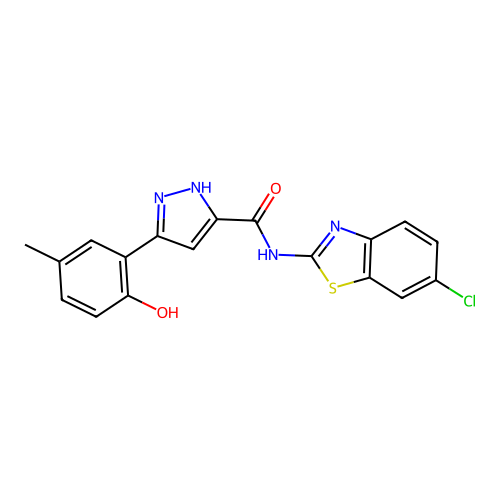 N-(6-chloro-1,3-benzothiazol-2-yl)-3-(2-hydroxy-5-methylphenyl)-1H-pyrazole-5-carboxamide structure