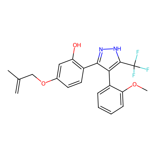 2-(4-(2-methoxyphenyl)-5-(trifluoromethyl)-1H-pyrazol-3-yl)-5-((2-methylallyl)oxy)phenol structure