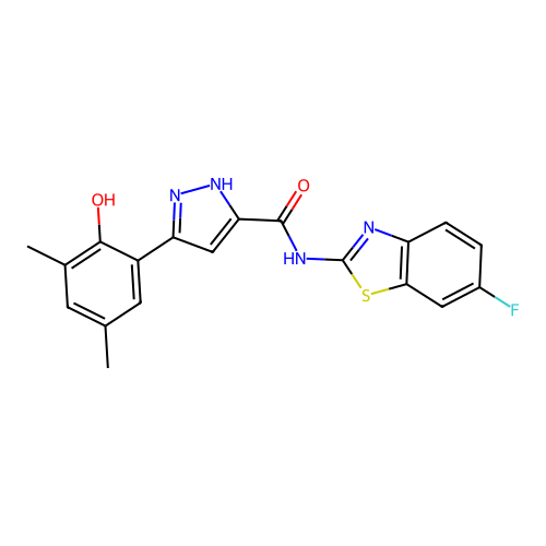(5Z)-5-(3,5-dimethyl-6-oxocyclohexa-2,4-dien-1-ylidene)-N-(6-fluoro-1,3-benzothiazol-2-yl)-1,2-dihydropyrazole-3-carboxamide structure