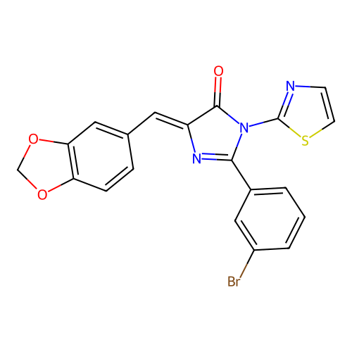 (5Z)-5-(1,3-benzodioxol-5-ylmethylidene)-2-(3-bromophenyl)-3-(1,3-thiazol-2-yl)-3,5-dihydro-4H-imidazol-4-one structure