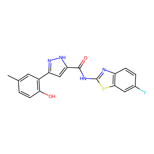 N-(6-fluoro-1,3-benzothiazol-2-yl)-3-(2-hydroxy-5-methylphenyl)-1H-pyrazole-5-carboxamide structure