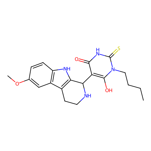 1-butyl-6-hydroxy-5-(6-methoxy-2,3,4,9-tetrahydro-1H-pyrido[3,4-b]indol-1-yl)-2-thioxo-2,3-dihydropyrimidin-4(1H)-one structure