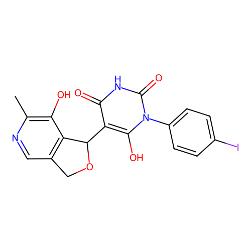 6-hydroxy-5-(7-hydroxy-6-methyl-1,3-dihydrofuro[3,4-c]pyridin-1-yl)-1-(4-iodophenyl)pyrimidine-2,4(1H,3H)-dione structure