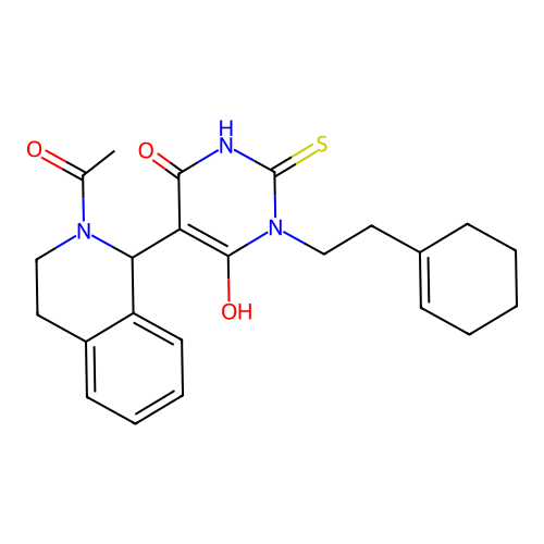 5-(2-acetyl-1,2,3,4-tetrahydroisoquinolin-1-yl)-3-(2-(cyclohex-1-en-1-yl)ethyl)-6-hydroxy-2-thioxo-2,3-dihydropyrimidin-4(1H)-one structure