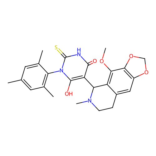 6-hydroxy-3-mesityl-5-(4-methoxy-6-methyl-5,6,7,8-tetrahydro-[1,3]dioxolo[4,5-g]isoquinolin-5-yl)-2-thioxo-2,3-dihydropyrimidin-4(1H)-one structure