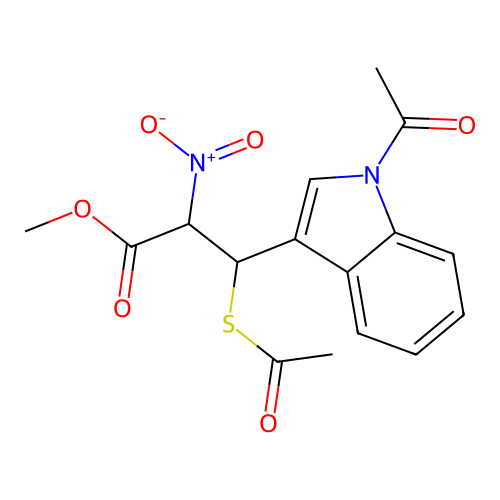 methyl 3-(1-acetyl-1H-indol-3-yl)-3-(acetylsulfanyl)-2-nitropropanoate structure
