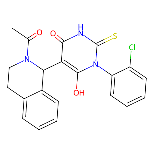 5-(2-acetyl-1,2,3,4-tetrahydroisoquinolin-1-yl)-3-(2-chlorophenyl)-6-hydroxy-2-thioxo-2,3-dihydropyrimidin-4(1H)-one structure
