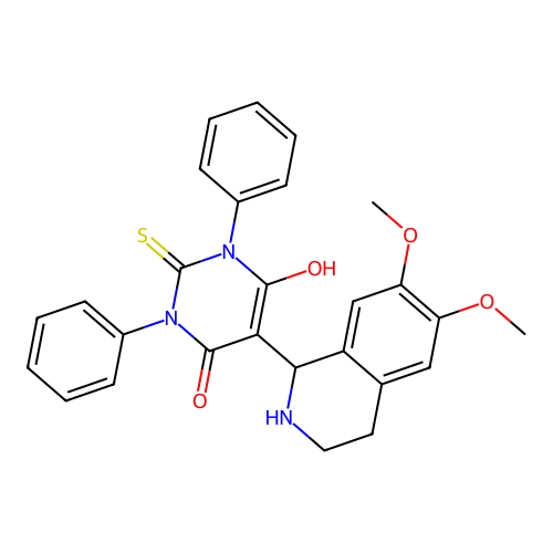 5-(6,7-dimethoxy-1,2,3,4-tetrahydroisoquinolin-1-yl)-6-hydroxy-1,3-diphenyl-2-thioxo-2,3-dihydropyrimidin-4(1H)-one structure