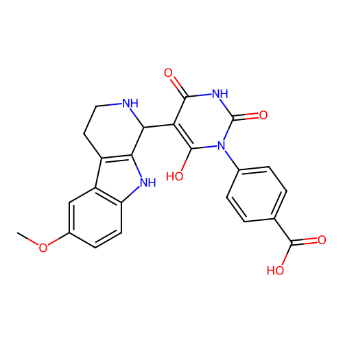 4-(4-hydroxy-5-(6-methoxy-2,3,4,9-tetrahydro-1H-pyrido[3,4-b]indol-1-yl)-2,6-dioxo-2,3-dihydropyrimidin-1(6H)-yl)benzoic acid structure