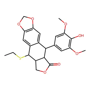 Furo(3',4':6,7)naphtho(2,3-d)-1,3-dioxol-6(5aH)-one, 9-(ethylthio)-5,8,8a,9-tetrahydro-5-(4-hydroxy-3,5-dimethoxyphenyl)-, (5R-(5alpha,5abeta,8aalpha,9beta))- structure