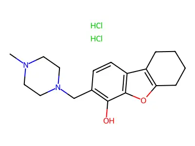 4-Dibenzofuranol, 6,7,8,9-tetrahydro-3-((4-methyl-1-piperazinyl)methyl)-, dihydrochloride structure