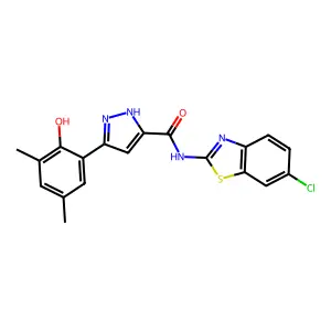 N-(6-chloro-1,3-benzothiazol-2-yl)-5-(2-hydroxy-3,5-dimethylphenyl)-1H-pyrazole-3-carboxamide structure