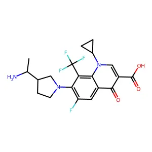 7-(3-(1-Aminoethyl)-1-pyrrolidinyl)-1-cyclopropyl-6-fluoro-1,4-dihydro-4-oxo-8-(trifluoromethyl)-3-quinolinecarboxylic acid structure