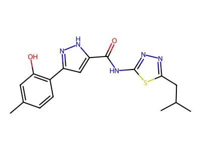 3-(2-hydroxy-4-methylphenyl)-N-(5-isobutyl-1,3,4-thiadiazol-2-yl)-1H-pyrazole-5-carboxamide structure