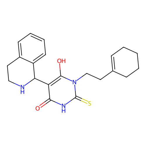 1-[2-(cyclohexen-1-yl)ethyl]-6-hydroxy-2-sulfanylidene-5-(1,2,3,4-tetrahydroisoquinolin-1-yl)pyrimidin-4-one structure