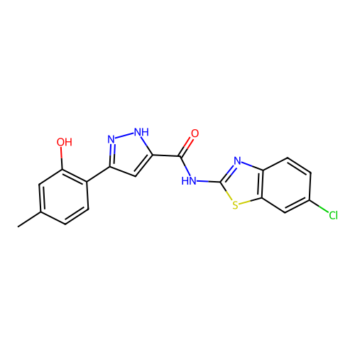 N-(6-chloro-1,3-benzothiazol-2-yl)-3-(2-hydroxy-4-methylphenyl)-1H-pyrazole-5-carboxamide structure