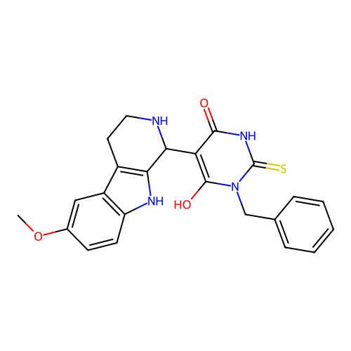 1-benzyl-6-hydroxy-5-(6-methoxy-2,3,4,9-tetrahydro-1H-pyrido[3,4-b]indol-1-yl)-2-thioxo-2,3-dihydropyrimidin-4(1H)-one structure