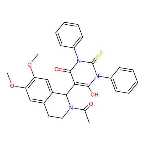5-(2-acetyl-6,7-dimethoxy-1,2,3,4-tetrahydroisoquinolin-1-yl)-6-hydroxy-1,3-diphenyl-2-thioxo-2,3-dihydropyrimidin-4(1H)-one structure
