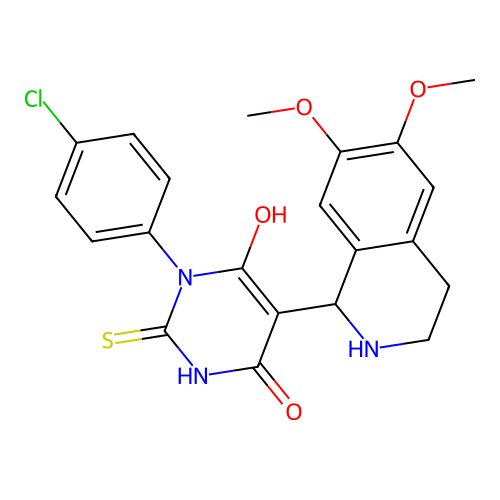 3-(4-chlorophenyl)-5-(6,7-dimethoxy-1,2,3,4-tetrahydroisoquinolin-1-yl)-6-hydroxy-2-thioxo-2,3-dihydropyrimidin-4(1H)-one structure