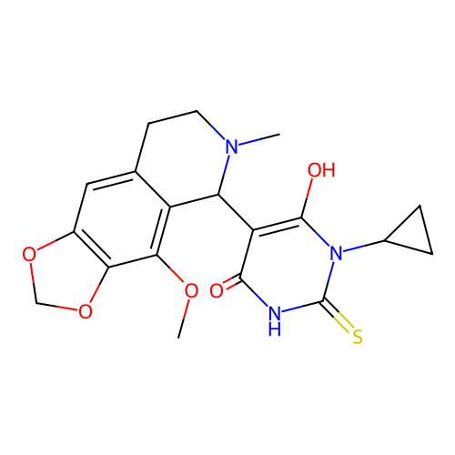 1-cyclopropyl-6-hydroxy-5-(4-methoxy-6-methyl-5,6,7,8-tetrahydro-[1,3]dioxolo[4,5-g]isoquinolin-5-yl)-2-thioxo-2,3-dihydropyrimidin-4(1H)-one structure