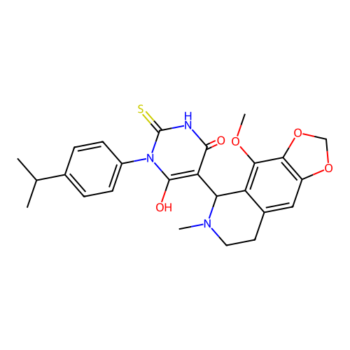 6-hydroxy-3-(4-isopropylphenyl)-5-(4-methoxy-6-methyl-5,6,7,8-tetrahydro-[1,3]dioxolo[4,5-g]isoquinolin-5-yl)-2-thioxo-2,3-dihydropyrimidin-4(1H)-one structure