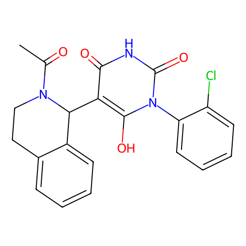 5-(2-acetyl-1,2,3,4-tetrahydroisoquinolin-1-yl)-3-(2-chlorophenyl)-6-hydroxypyrimidine-2,4(1H,3H)-dione structure