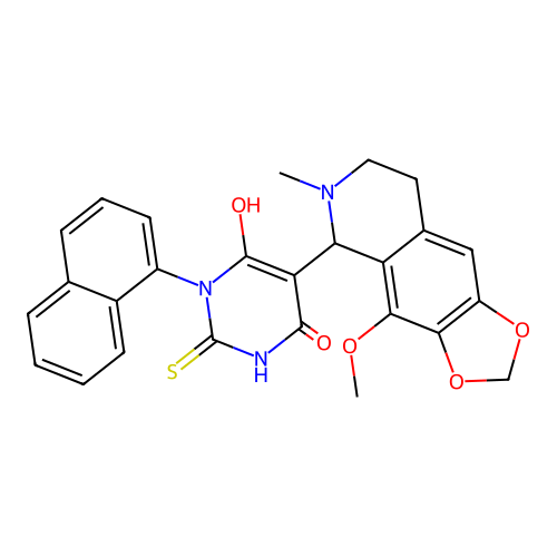 6-hydroxy-5-(4-methoxy-6-methyl-5,6,7,8-tetrahydro-[1,3]dioxolo[4,5-g]isoquinolin-5-yl)-1-(naphthalen-1-yl)-2-thioxo-2,3-dihydropyrimidin-4(1H)-one structure