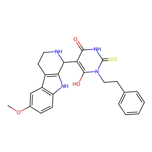 6-hydroxy-5-(6-methoxy-2,3,4,9-tetrahydro-1H-pyrido[3,4-b]indol-1-yl)-1-phenethyl-2-thioxo-2,3-dihydropyrimidin-4(1H)-one structure